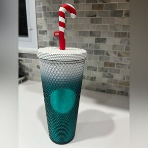 Starbucks Disney Holiday Tumbler with Red Straw and Candy Cane Straw Topper 24oz